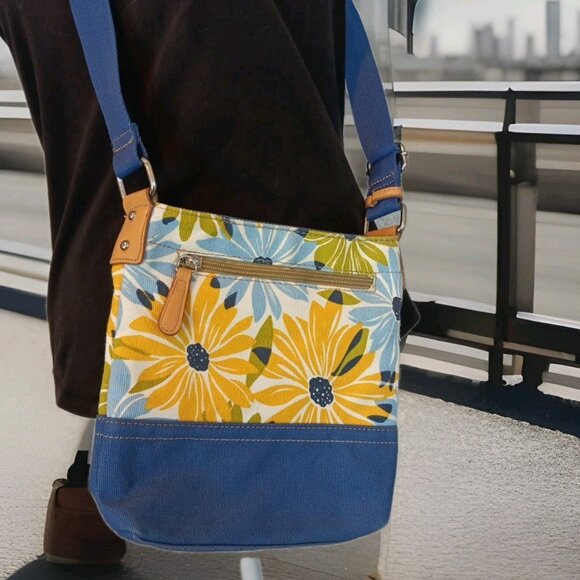 Franco Sarto Canvas Sunflower Floral Print Satchel Bag โ Blue Handles โ Medium - Picture 5 of 12